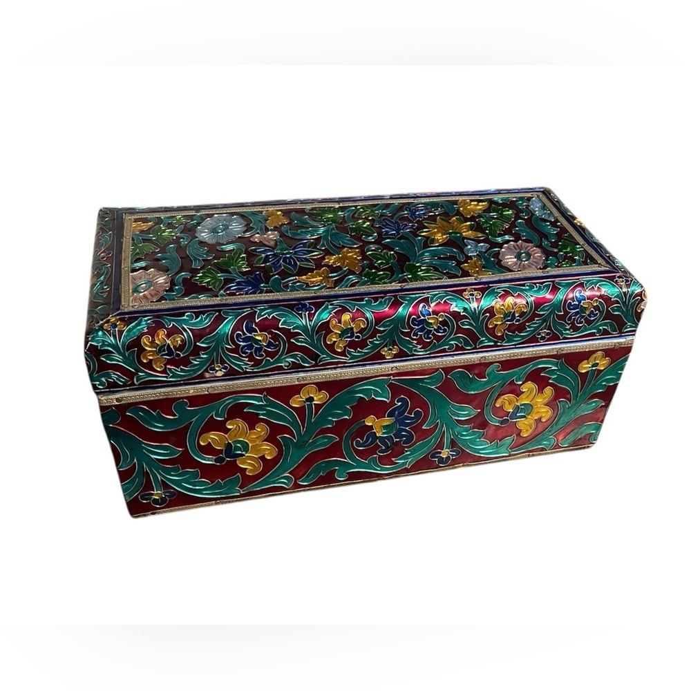 Handmade meenakari jewelry box from India,laminated sheet metal, painted enamel - Picture 2 of 9